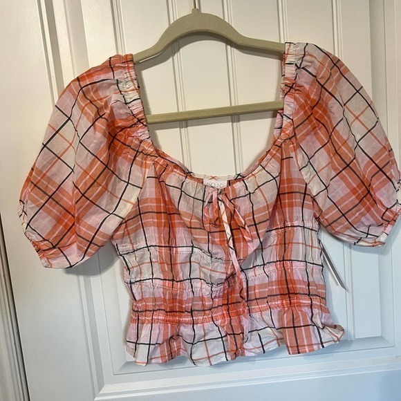 ABOUND Coral Plaid Puff Sleeve Crop Top Cottagecore Ruched Front Blouse‎ Size S - Picture 5 of 9